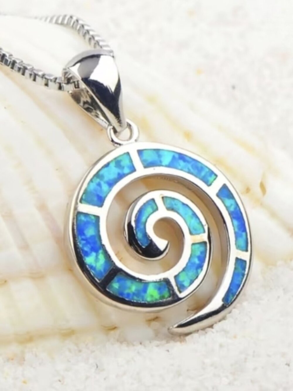 Greek-Inspired Spiral Necklace Inlaid Blue Opal Pendant Design 925 Silver Plate